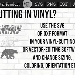 May include: Digital product for cutting vinyl. The image shows a white and black geometric bear design. The text reads "Cutting in vinyl? Use the SVG or DXF format in your vinyl-cutting or vector-editing software and change sizing, coloring, orientation etc."