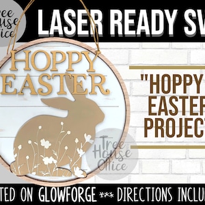 Pâques Glowforge SVG, Happy Easter Cut File, Fichier d'imprimante laser 3D, Hoppy Easter Farmhouse Sign, Front Door Bunny CNC Layered Wood Cutter