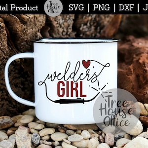 Welders Girl SVG with welding torch shown applied to a white mug as a finished project idea