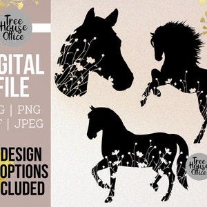 Floral Horse SVG, Horse with Flowers Cut File, Horse Silhouette with Wildfflowers, Horse with Flowers SVG, Pretty Wildlflower Horse Design