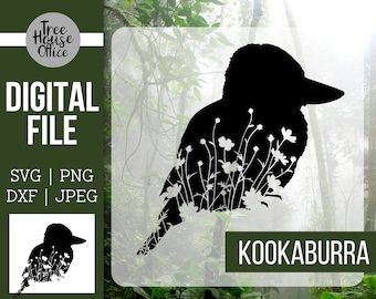 Floral Kookaburra SVG, Austrália Animal Kookaburra com flores silvestres Cut File svg, Kookaburra Flowers PNG, Kookaburra Outline with Flowers