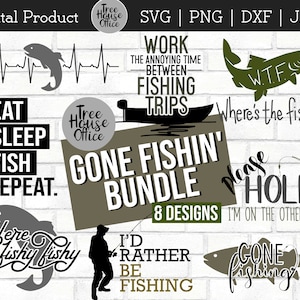 Puede incluir: Una descarga digital de 8 archivos de corte SVG con temática de pesca. Los diseños incluyen "Gone Fishin' Bundle", "Eat Sleep Fish Repeat", "Work The Annoying Time Between Fishing Trips", "Where's The Fish?", "Here Fishy Fishy", "I'd Rather Be Fishing", "Please Hold I'm On The Other Line" y "Gone Fishin'".