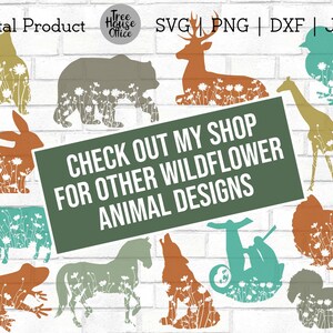 以下が含まれることがあります： 12種類の動物シルエットデザインのデジタルダウンロード。各動物は単色で輪郭が描かれ、白い花の模様で満たされています。「CHECK OUT MY SHOP FOR OTHER WILDFLOWER ANIMAL DESIGNS」というテキストが緑色のボックスに表示されています。