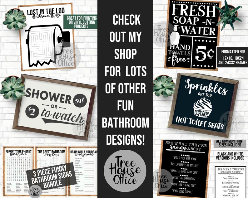 May include: Three black and white bathroom signs with funny sayings. The signs are framed in wood and have a rustic look. The signs say "Lost in the Loo Bathroom Maze", "Shower or $2 to watch", and "Fresh Soap-N-Water Hand Towels Free 5c".