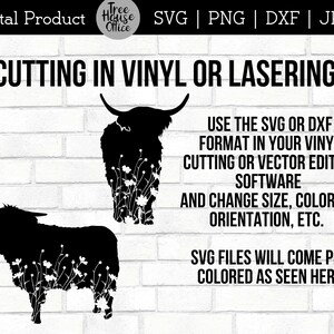 instructions for using these highland cow silhouette digital files in svg or dxf format for cricut, silhouette, or laser projects