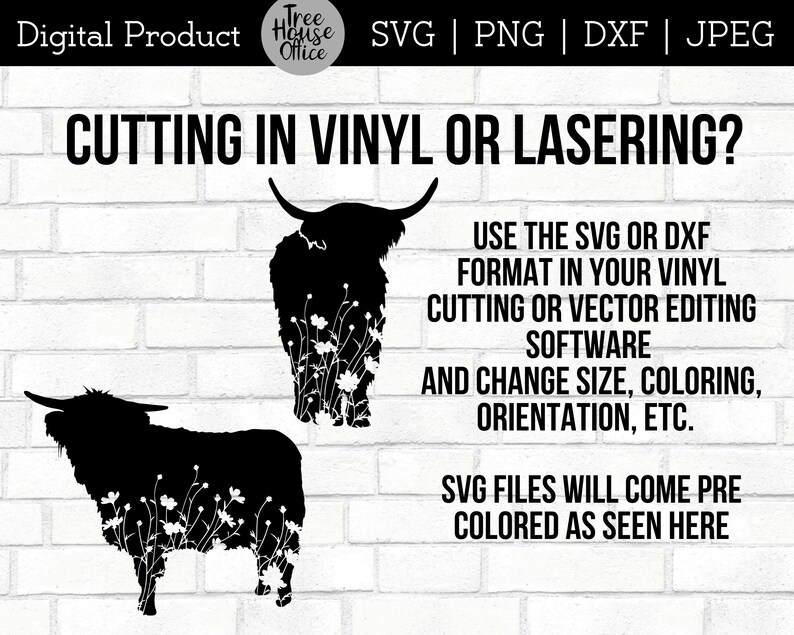 instructions for using these highland cow silhouette digital files in svg or dxf format for cricut, silhouette, or laser projects