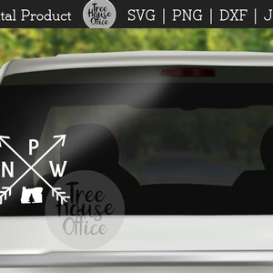 PNW with arrows and Oregon state silhouette shown as a sticker on a car