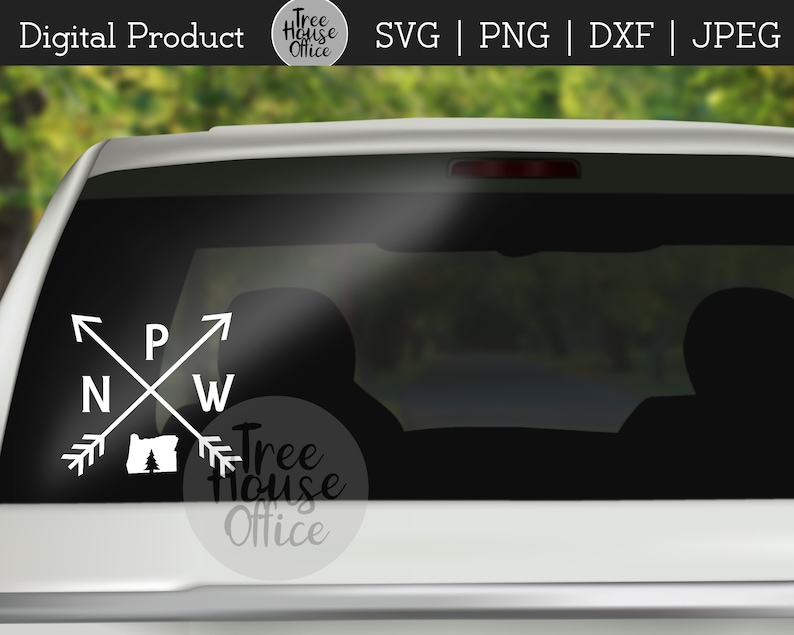 PNW with arrows and Oregon state silhouette shown as a sticker on a car