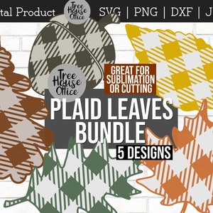 May include: Five digital designs of plaid leaves in various colors, including brown, green, yellow, and orange. The text "PLAID LEAVES BUNDLE 5 DESIGNS" is displayed on a black background.