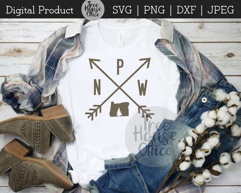 PNW with arrows and Oregon state silhouette shown as a design on a t shirt with plaid shirt and boots