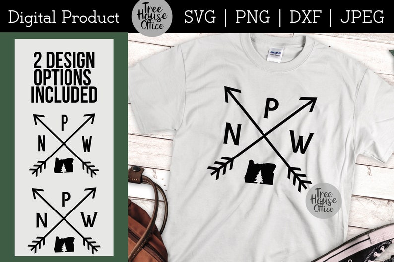 PNW arrows design with Oregon state silhouette SVG.  2 styles available, one style shown applied to a white shirt