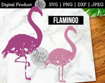 May include: Two pink flamingo silhouettes with white floral designs inside. The silhouettes are on a white marble background. The text "FLAMINGO" is at the top of the image.