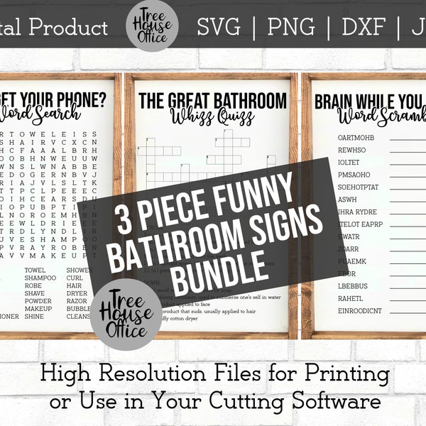 Paquete de letreros de baño divertidos SVG, JPEG, PNG, Dxf, Olvídese de su teléfono, Búsqueda de palabras cruzadas, Impresiones de baño divertidas, Baño de granja