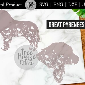 Great Pyrenees SVG, DXF PNG jpeg, Floral Great Pyrenees svg, Great Pyrenees Dog Silhouette svg, Great Pyrenees with Wildflowers Cut File