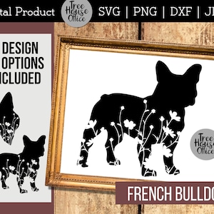 Floral French Bulldog SVG, Frenchie French Bulldog com flores PNG, Wildflower French Bulldog Silhouette Cricut Cut File, Frenchie SVG