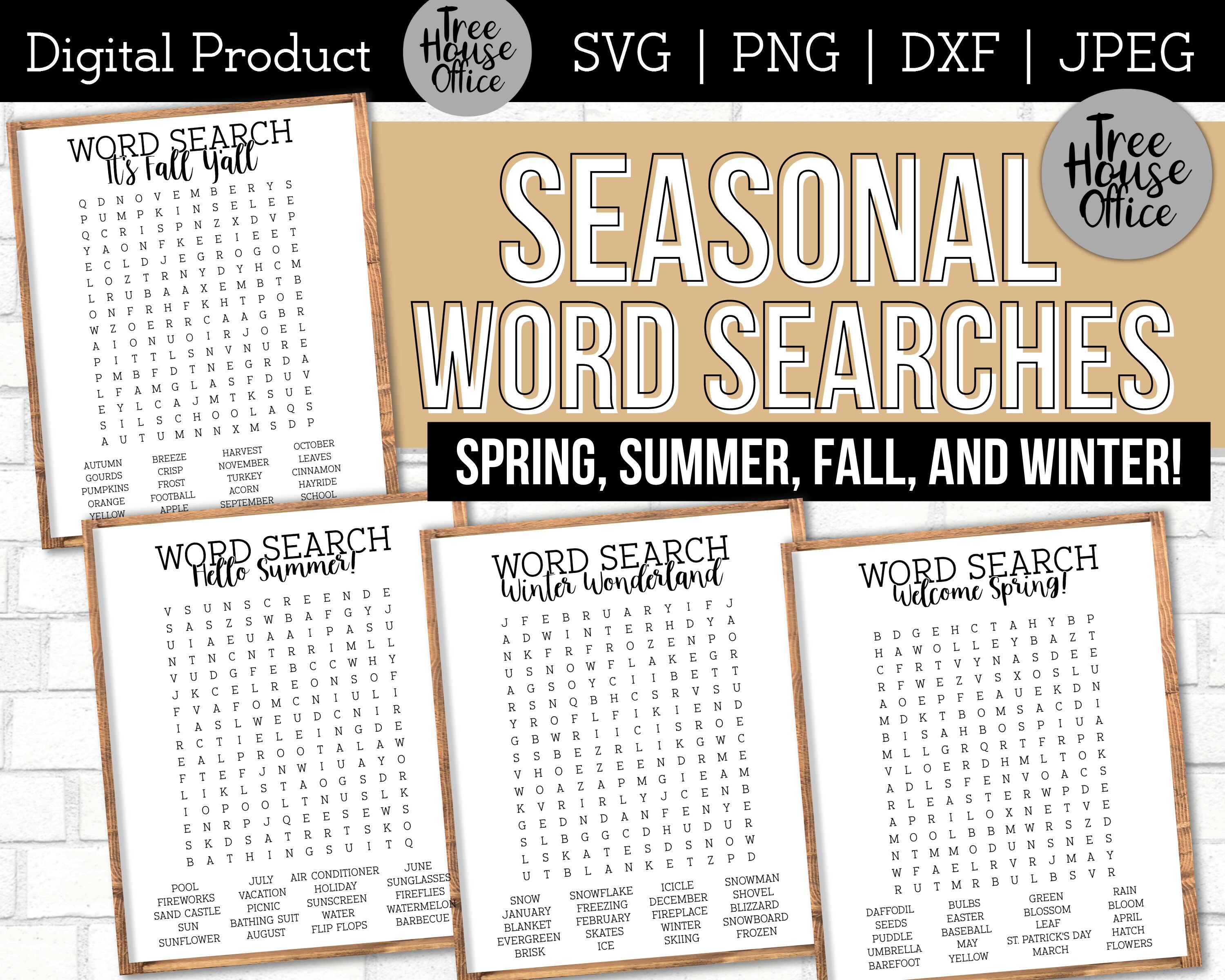 Seasonal Word Searches Bundle, Printable Seasons Word Search SVG PNG dxf,  Wall Art Puzzles, Word Searches for Fall Spring Summer Winter