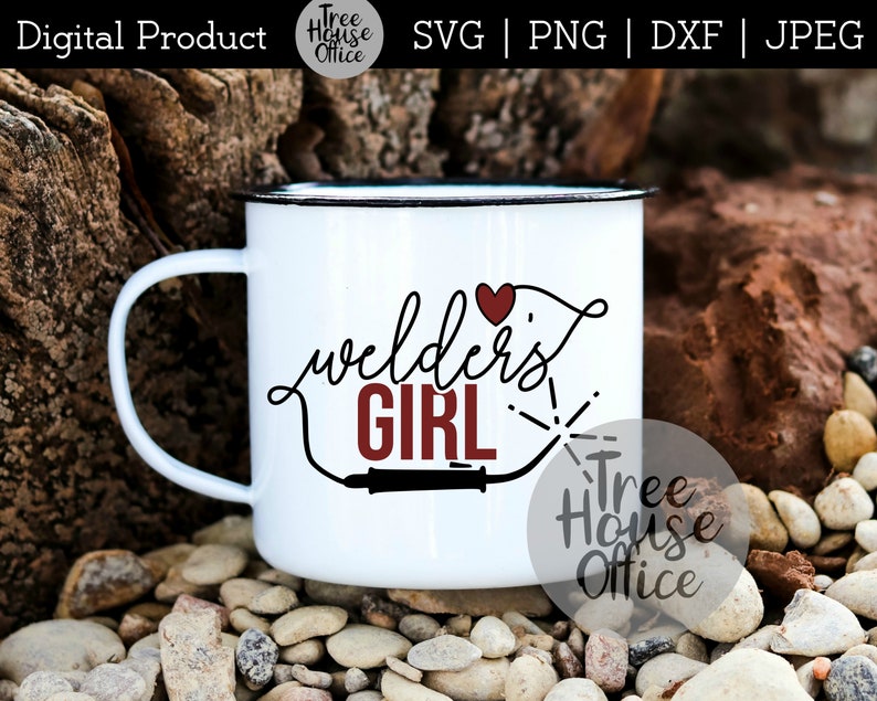Welders Girl SVG with welding torch shown applied to a white mug as a finished project idea