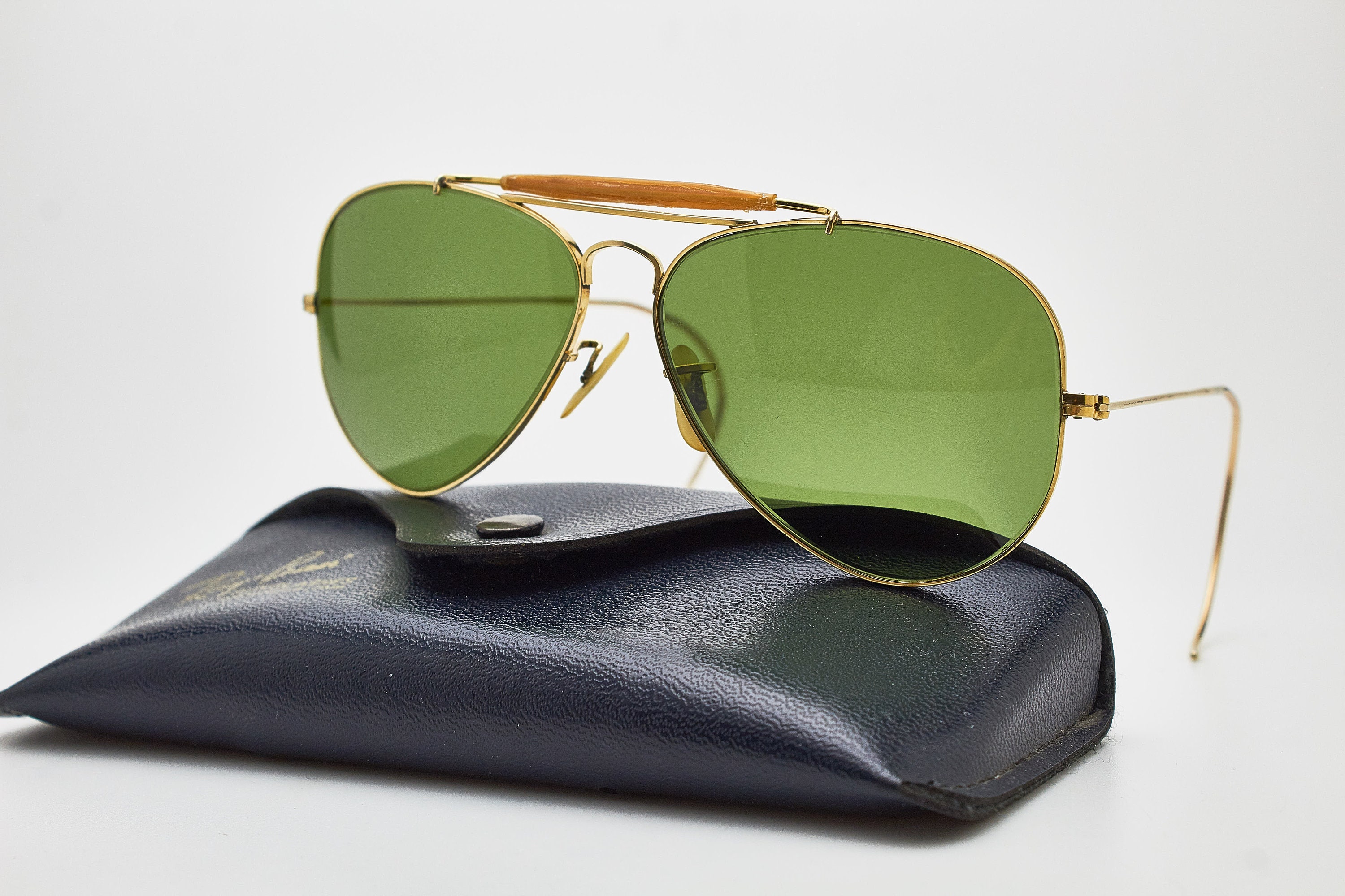 VTG Aviator Outdoorsman Sunglasses Wire Wrap Around Ear WW2 Green gold collector