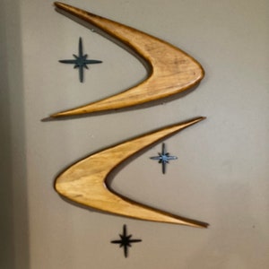 Mid Century Modern Style Three Dimensional Boomerangs Wooden Wall Grouping Hanging 18" with 3 Stars