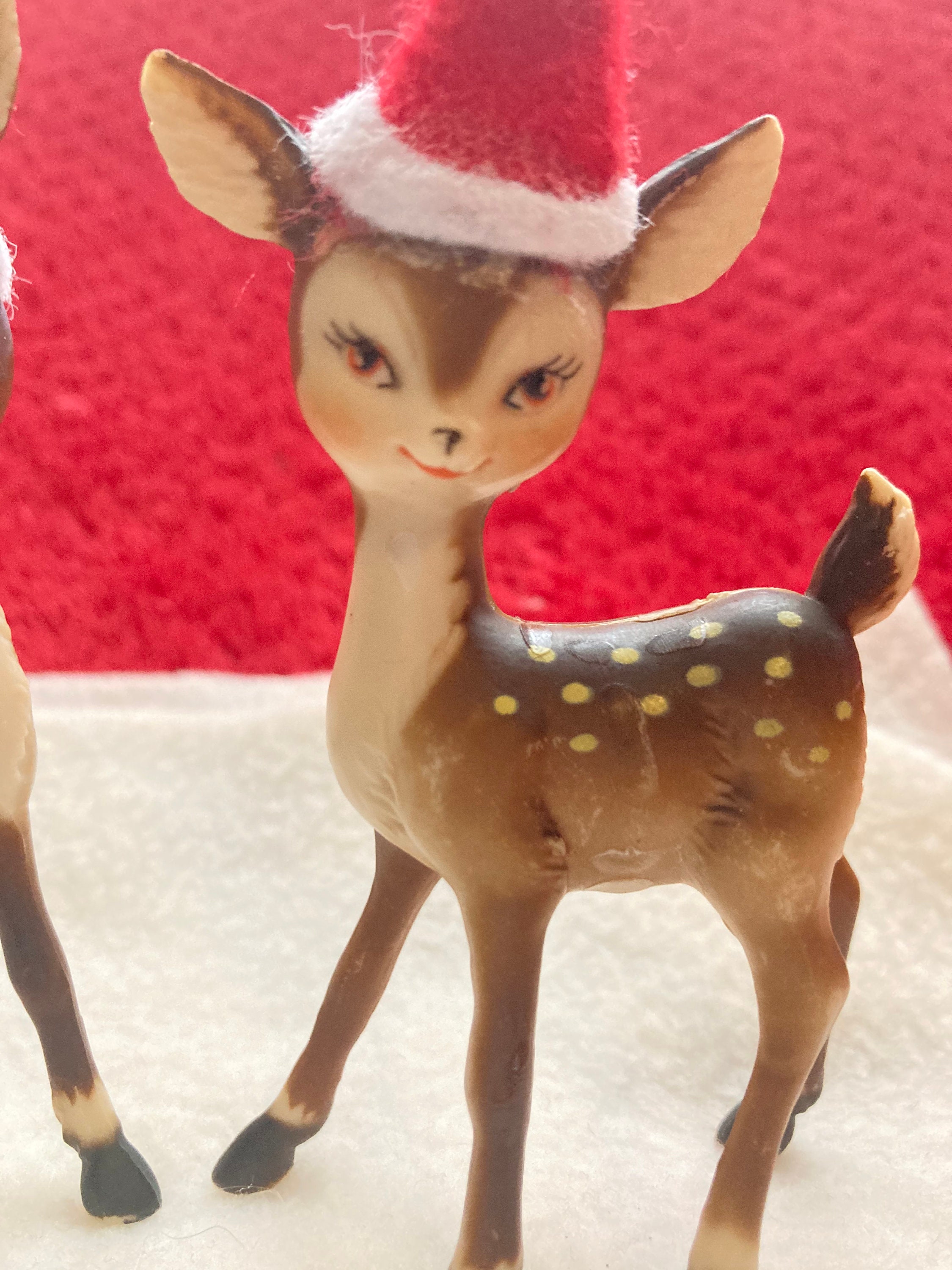Two Vintage Plastic Christmas Reindeer Buck Doe Felt Santa Etsy