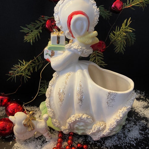 Vintage Christmas White NAPCO Spaghetti shops Shopper Girl Figurine with Poodle Gifts