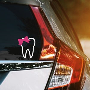 Tooth With Bow Vinyl Decal, Dental Profession Car Window Sticker, Decals for Dentist, Dental Hygienist, Dental Assistant- Girl Tooth Sticker