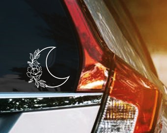 Moon With Flowers Vinyl Decal, Moon Car Window Sticker, Floral Crescent Moon Sticker