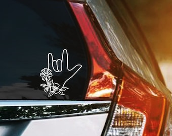 Floral American Sign Language Vinyl Decal, Sign Language Hand I Love You with Flowers, Deaf Awareness Car Window Sticker Phone Laptop Decals