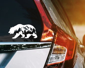 Calcomanía de vinilo de oso con montañas y árboles, pegatina de ventana de coche de oso, regalos para amantes de la naturaleza, calcomanías de camping de senderismo