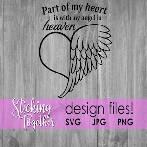 Parte de mi corazón está con mi ángel en el cielo, clipart, clip art conmemorativo, homenaje en memoria amorosa, vector, alas de ángel con corazón JPG PNG SVG