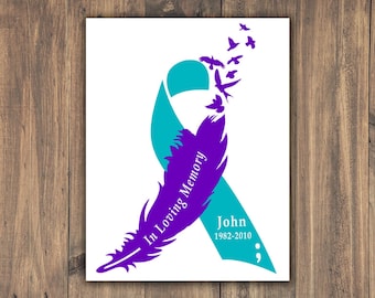 Semicolon Suicide Loss Decal, Suicide Awareness Feather Ribbon Vinyl Sticker, Personalized First Name and Years, Memorial Sticker for Car