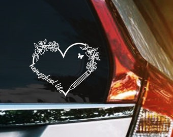 Homeschool Life Floral Heart with Pencil- Permanent Vinyl Decal, Homeschool Mom Car Window Sticker, Homeschooling Decals Stickers