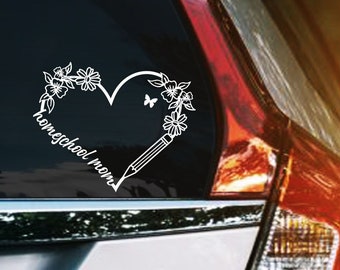 Homeschool Mom in Floral Heart with Pencil Permanent Vinyl Decal, Homeschool Mama Car Window Sticker, Homeschooling Decals Stickers