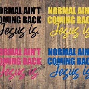 Puede incluir: Cuatro letreros con el texto "NORMAL AIN'T COMING BACK Jesus is." en fuentes negras, amarillas, rosas y azules. Los letreros est&aacute;n colocados sobre un fondo de madera.