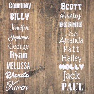 May include: A wooden background with white text names, including Courtney, Billy, Jennifer, Stephanie, George, Ryan, Mellissa, Rhonda, Karen, Scott, Ashley, Bernie, Lisa, Amanda, Matt, Hailey, Molly, Jack, and Paul.