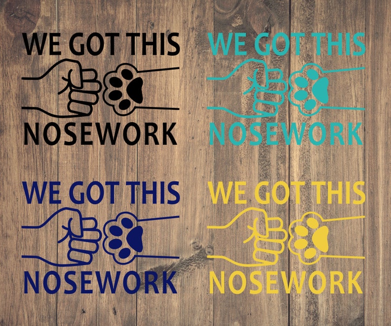 May include: Four variations of a graphic design with the text "WE GOT THIS NOSEWORK" in black, teal, navy blue, and yellow. The graphic features two fists bumping with a paw print in between.