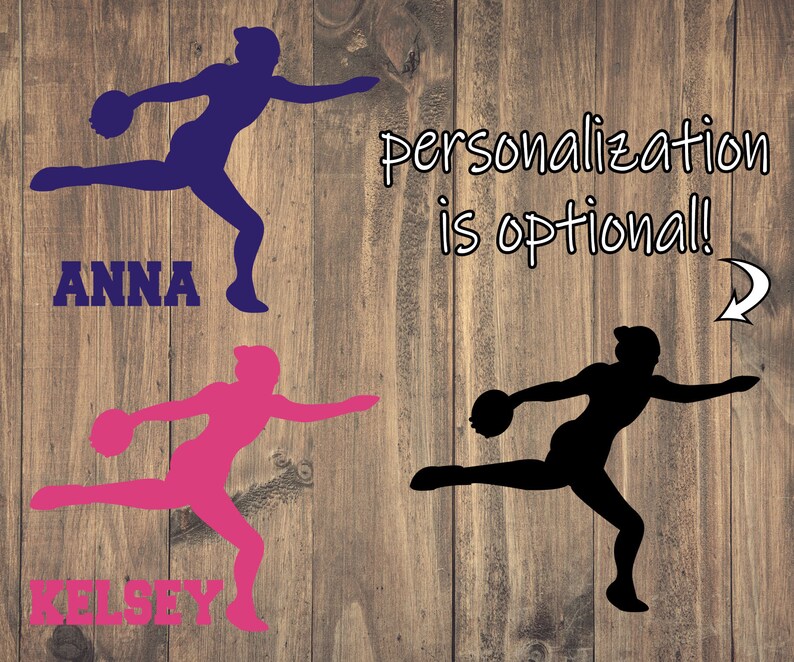 May include: Silhouette of a female discus thrower in purple, pink, and black. The name "ANNA" is in purple block letters. The name "KELSEY" is in pink block letters. Text reads "personalization is optional!"