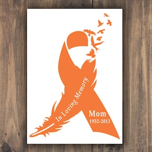 May include: Orange ribbon with a feather and birds flying away. The ribbon has the text "In Loving Memory" and "Mom 1932-2013".