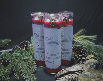 red [ l ä k a ] definition 8" candle - enhanced with moroccan pink rose petals and tree of life charm