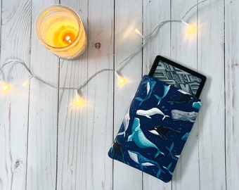 Whales Galore in Dark Blue Padded Kindle Paperwhite Sleeve | Kindle Protector | Kindle Holder | Bookish Gift