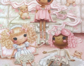 May include: Three dolls with pink and white dresses and pink hair are sitting on a pink and white bedspread. The dolls have brown eyes and black hair. There are two teddy bears and cupcakes on the bedspread.