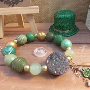 St. Patrick&#39;s Day wood and Druzy Quartz bead bracelet.
