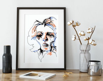A4/A3 Giclée Print|Fashion Illustration|Portrait|Decorative Wall Art|Fashion Drawing|Face|Blue|Orange|Black|Modern Home Decor|Bedroom Art