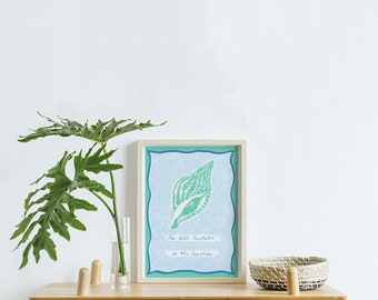 Green Shell Art Print Seashells|A6,A5,A4|Seaside seashore beach|Pastels|navy blue|Line Drawing|white|summer,minimal,quote|mothers day gift