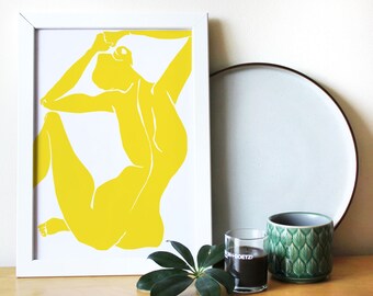 A5/A3/A4 Giclée Art Print|Moody Nude Yellow|Decorative Wall Art|Female Body|Life Drawing|Figure Drawings|Matisse Cut Outs|Henri Matisse Art