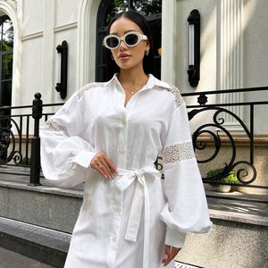 Linen dress-shirt &quot;Nature&#39;s Charm&quot; with lace inserts - your ode to natural beauty and elegance!