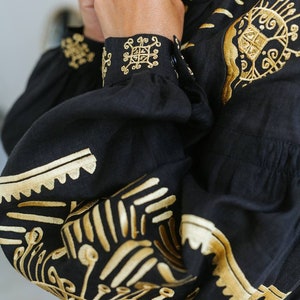 embroidered dress &quot;Ukrainian night&quot; , luxurious dress made of 100% linen with embroidery from the Ukrainian designer