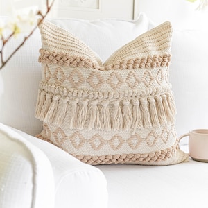 FINAL SALE | Neutral Decorative Sofa Throw Pillow Cover, Boho Pillow Case, Textured Farmhouse Woven Pillow With Tassels, COVER Only