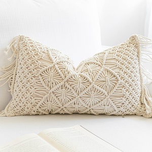 Cream Macrame Woven Lumbar Pillow Cover, Boho Woven Throw Pillow Cover, Farmhouse Cushion Cover, Sofa Pillow, COVER ONLY