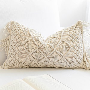 Cream Macrame Woven Lumbar Pillow Cover, Boho Woven Throw Pillow Cover, Farmhouse Cushion Cover, Sofa Pillow, COVER ONLY